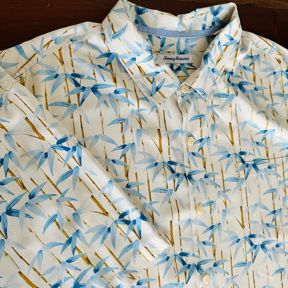 Tommy Bahama Shirt Mens 4XL 100% Silk Bamboo Print Short Sleeve Top Hawaii Beach